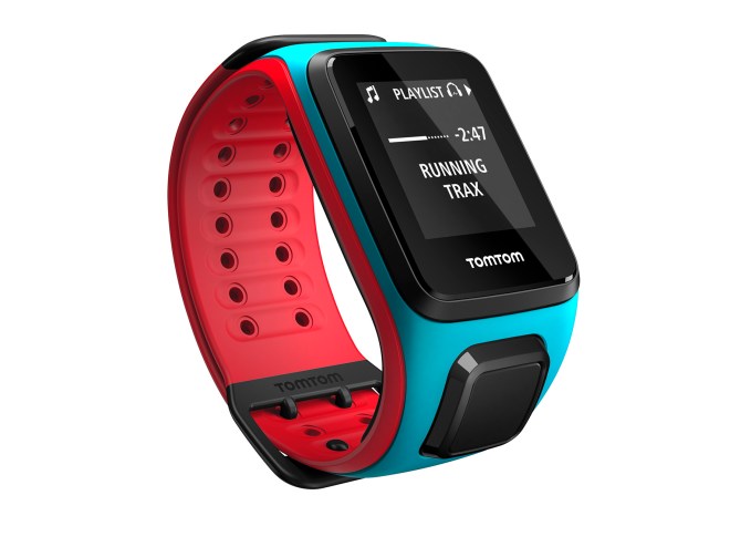 TomTom Runner2_ScubaBlau-rot_breites Armband_rechts_Musik